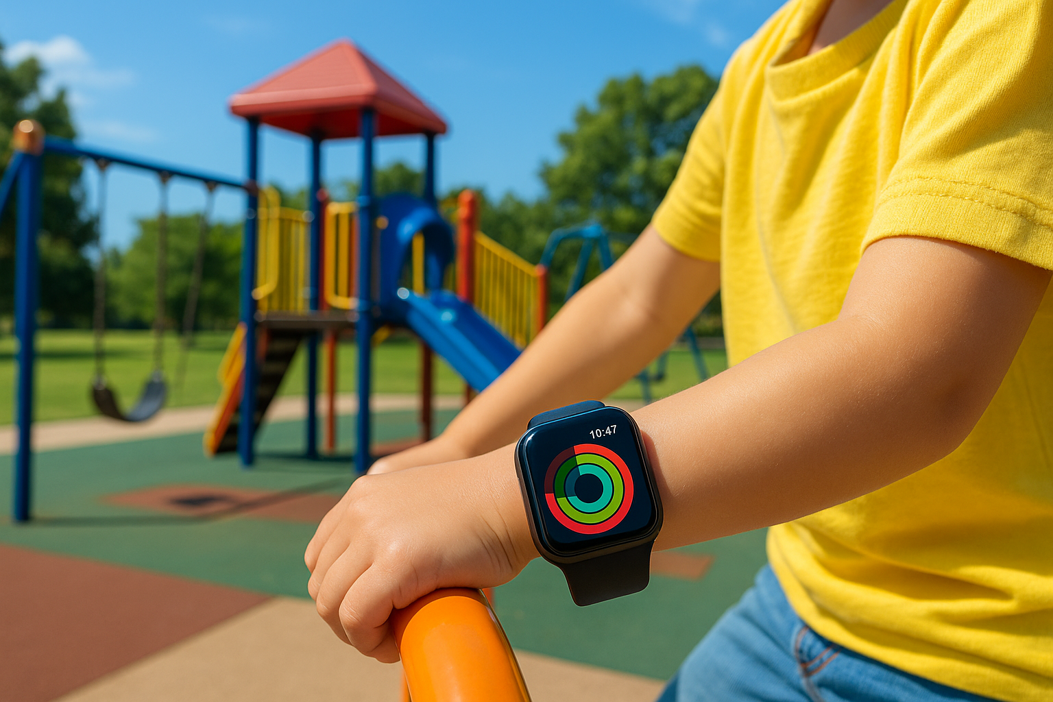 Apple Watch on childs wrist in playground